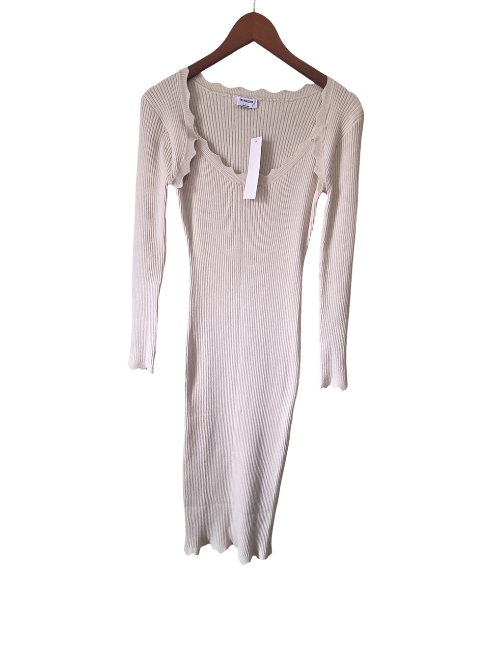 The Workshop Scallop-Edge Ribbed Long Sleeve Dress - Cream